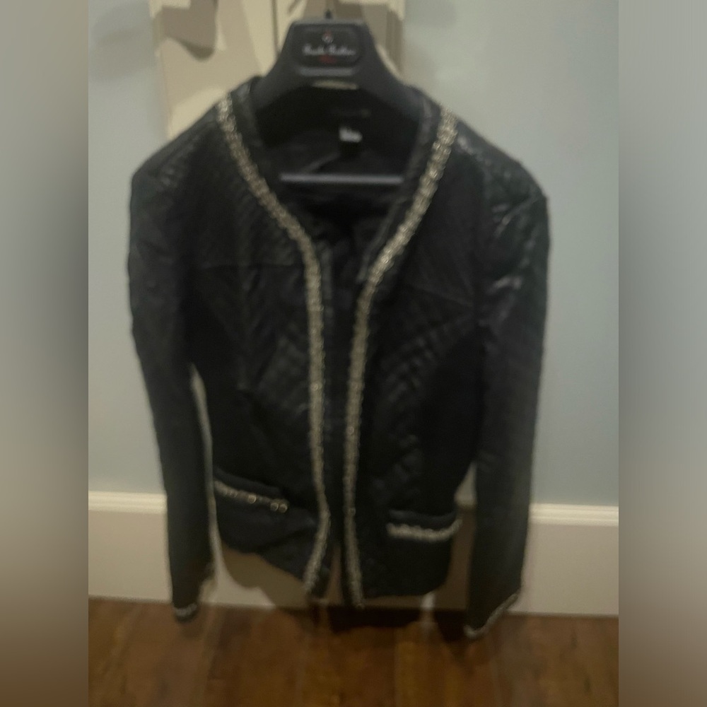 Forever 21, Black quilted vegan leather jacket with sliver chain detailing.